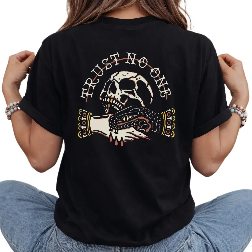 TRUST NO ONE PRINTED SKULL T-SHIRT, Ladies Summer Outfit, Gift For Women, Mothers Day Gift, Gift For Girl Friend
