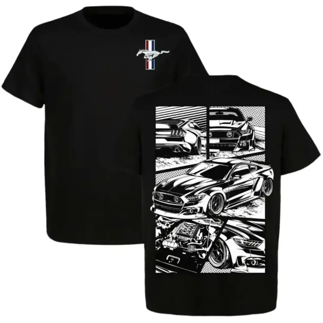 Men's 180g 100% Cotton Short-Sleeve Round Neck Ford Mustang Graphic Print T-Shirt - Classic Fit Casual Sports Top, Black & White Muscle Car Art Automotive Tee, US-Made Unisex Party/Events Gift, All-Seasons Menswear
