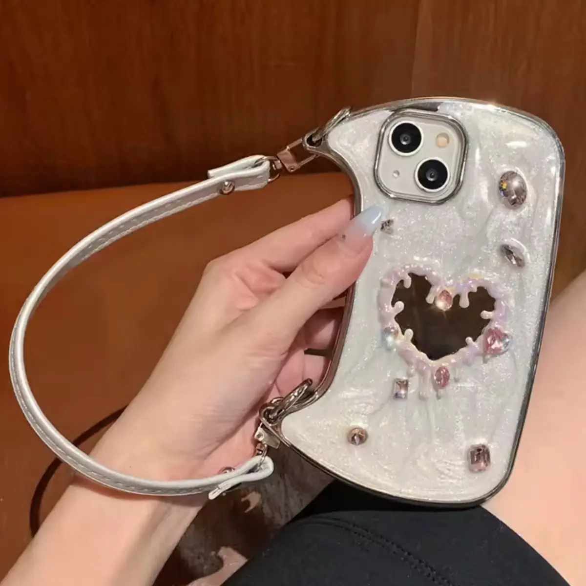 HISTORYOO ( Hand Lanyard ) Glitter Bling Diamond & Heart Sparkle Case for iPhone 17 Pro Max 16 15 14 13 Pro Max for Women Girls Crystal Handbag Wristband Bracelet Shockproof Cute Pretty Love Luxurious 3D Rhinestone Decorate Silicone Soft Shell Back Cover