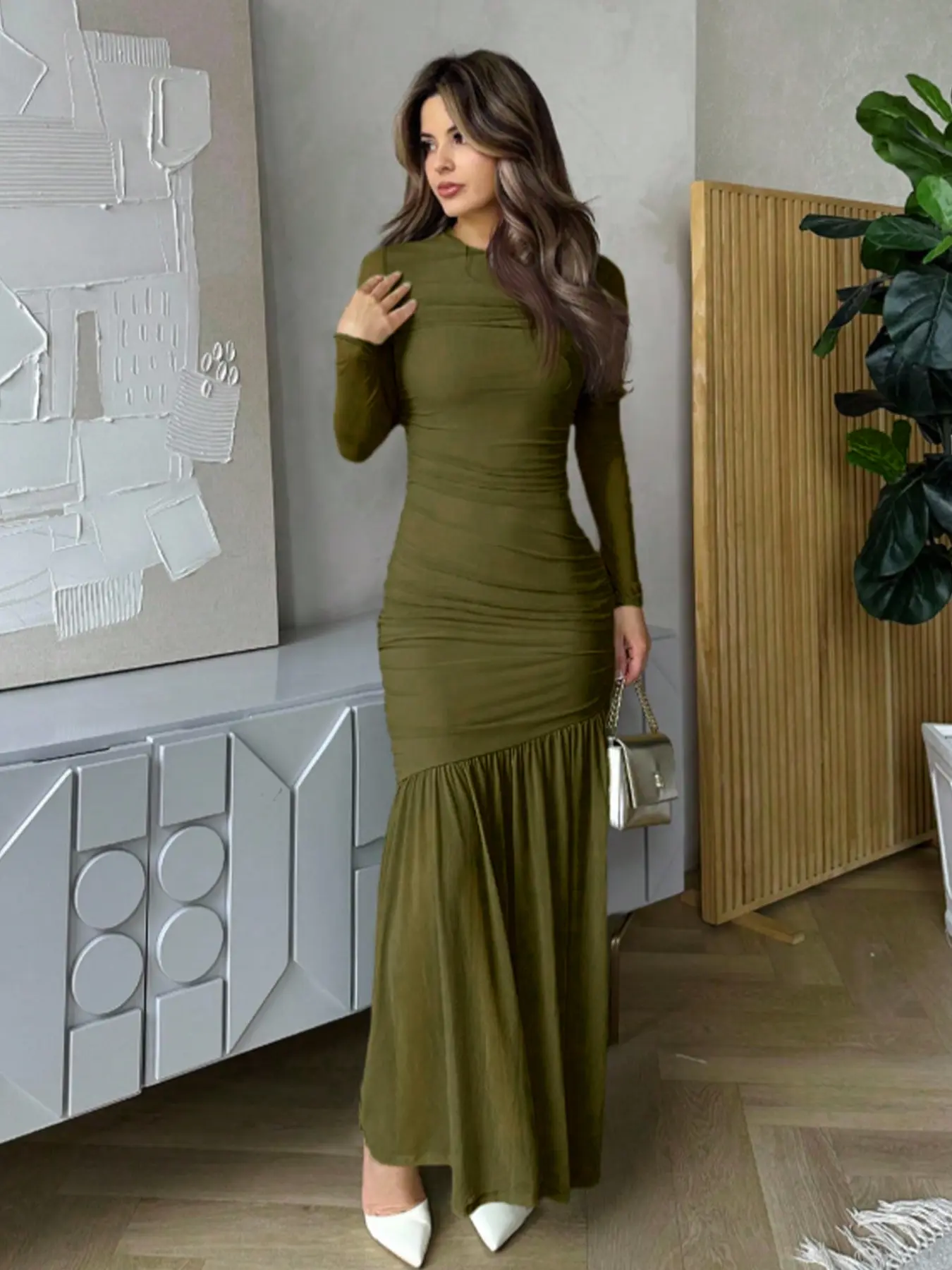 Women's Y2K Fashion Dress, Elegant Party Long Sleeve Spring Fall Round Neck Slim Fit Solid Color Long Dress, Casual Pleated Dress for Daily Wear Womenswear Green Elegance Maxi Dress