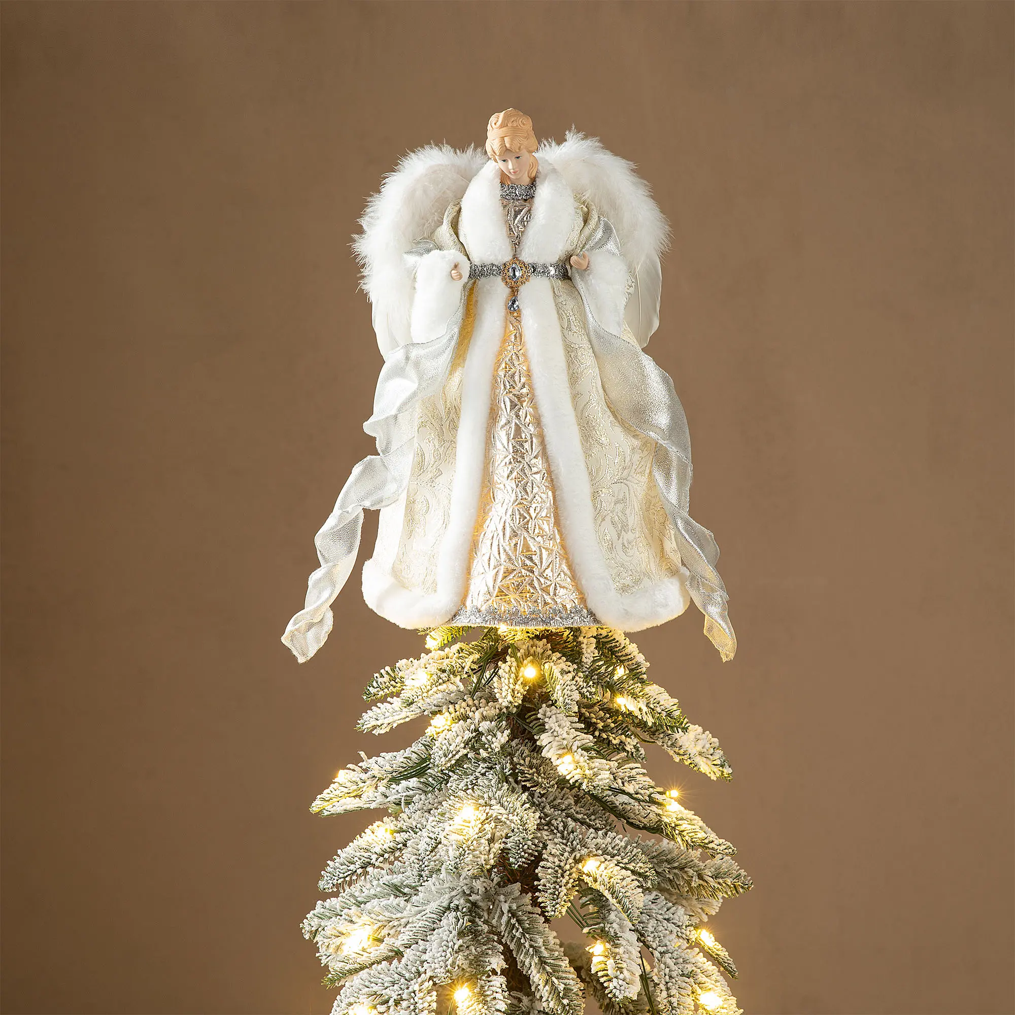 Glitzhome 16"H Porcelain Skin Faux Fur Christmas Angel Tree Topper