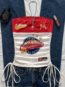 Women's Summer Fashion Vacation Slim Fit Drawstring Belted Front Cut Out Tube Top, Sports Print Vest, Casual Wear