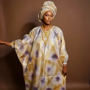 African Party Dress Bazin Nice Design with Elegant Gold and Purple Patterns for Festive Occasions