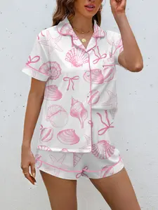 Women's Blue Sea Shell Print Sleepwear Pajama Set Pjs, Short Sleeve Button-Up Top & Elastic Shorts, Casual Home Wear Loungewear, Party