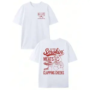 Retro T Shirts Men, Old Row BBQ Retro American Smokin' Meats Double-Sided Digital Print, 220gsm 100% Cotton Crew Neck Short Sleeve, Casual Soft, Unisex, Big And Tall, Free Shipping