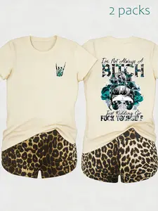 Women's 2-Piece Casual Set, Short Sleeve & Shorts, Sarcastic B!tch Shirt, Funny Dry Humor Tee, Trendy Fruit Pattern, All-Season Wear, Womenswear