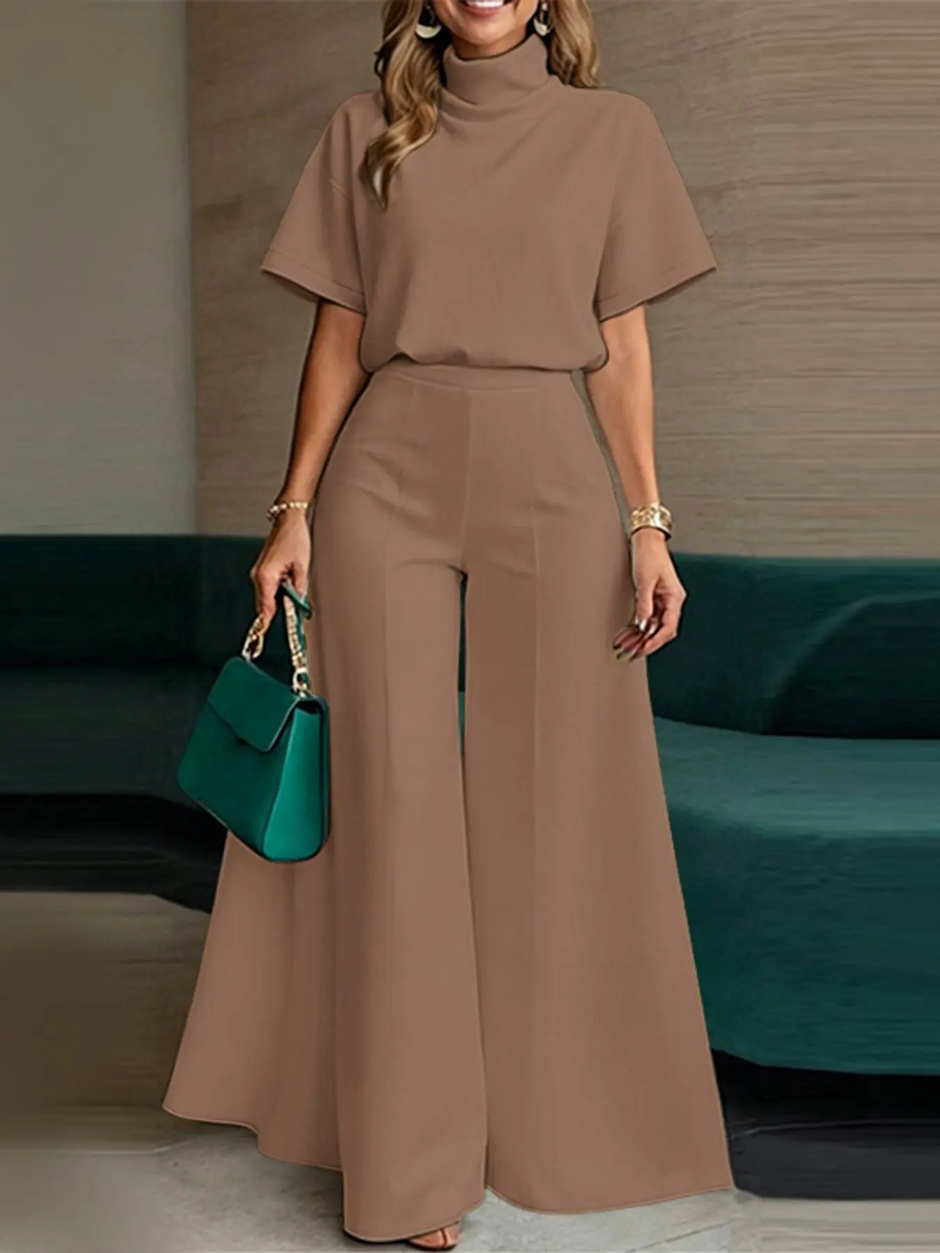 ZANZEA Women's Solid Color Short Sleeve High Neck Top + Wide Leg Pants Trouser Set, Suits, Two-Piece, Casual Style Fashion Ensemble, Comfortable Daily Wear, Turtleneck