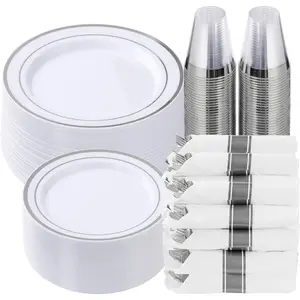 350 count  Plastic Dinnerware Set for 50 Guests, Fancy Disposable Plates for Party, Include: 50 Dinner Plates, 50 Dessert Plates, 50 Pre Rolled Napkins with  Silverware, 50 Cups