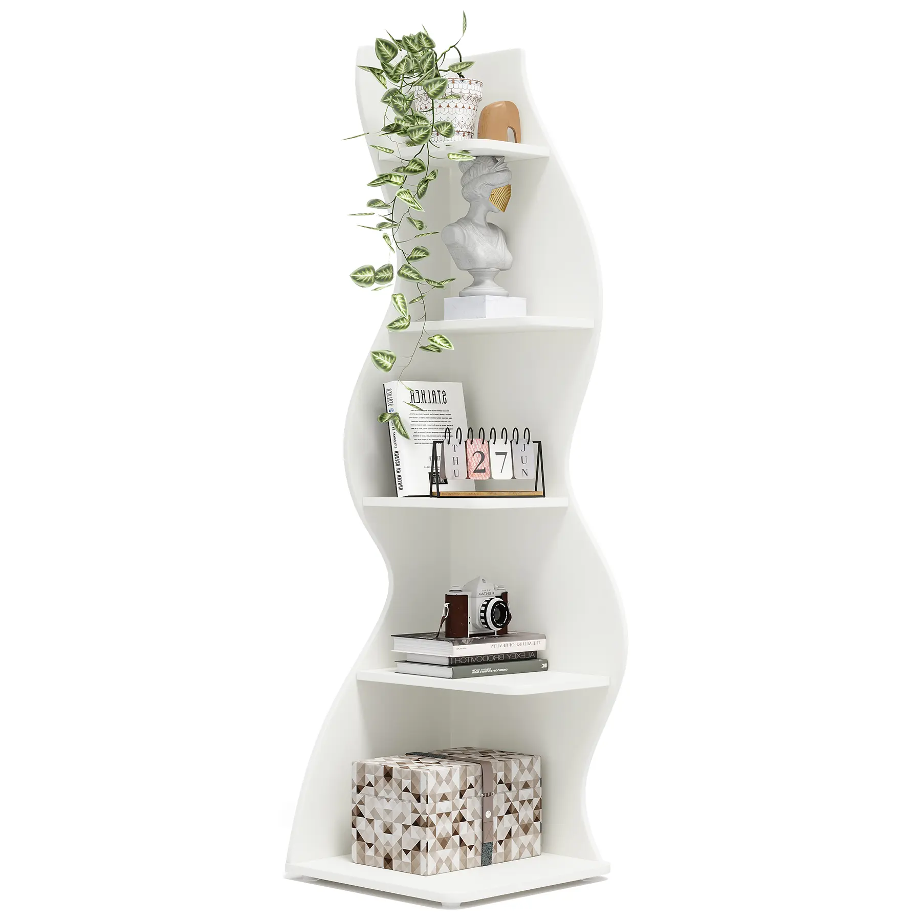 LITTLE TREE Modern 5-Tier Wall Corner Bookshelf, Stylish Corner Small Bookcase Storage Rack Plant Stand with Unique Shape for Living Room, Home Office, Bedroom, and Entryway Decor Shelves