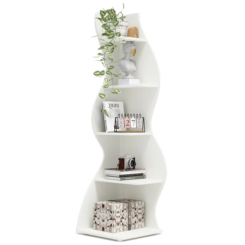 LITTLE TREE Modern 5-Tier Wall Corner Bookshelf, Stylish Corner Small Bookcase Storage Rack Plant Stand with Unique Shape for Living Room, Home Office, Bedroom, and Entryway Decor Shelves