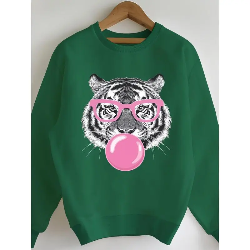 breathable,Women's New Plaid Green Tiger Bubble Gum Pattern Hoodie Sweatshirt, 100% Polyester, Long Sleeve, Casual Round Neck Pullover, Machine Washable, Ideal for Autumn/Winter Sports & Outdoor Clothes,Monaco