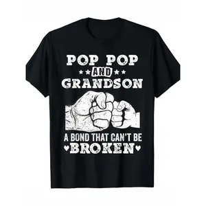 Pop Pop & Grandson Bond Graphic Tee - 100% Cotton, Casual Black T-Shirt with Heartfelt "A Bond That Can't Be Broken" Print, Short Sleeve, Round Neck - Ideal Gift for Grandpa, Retro T Shirt