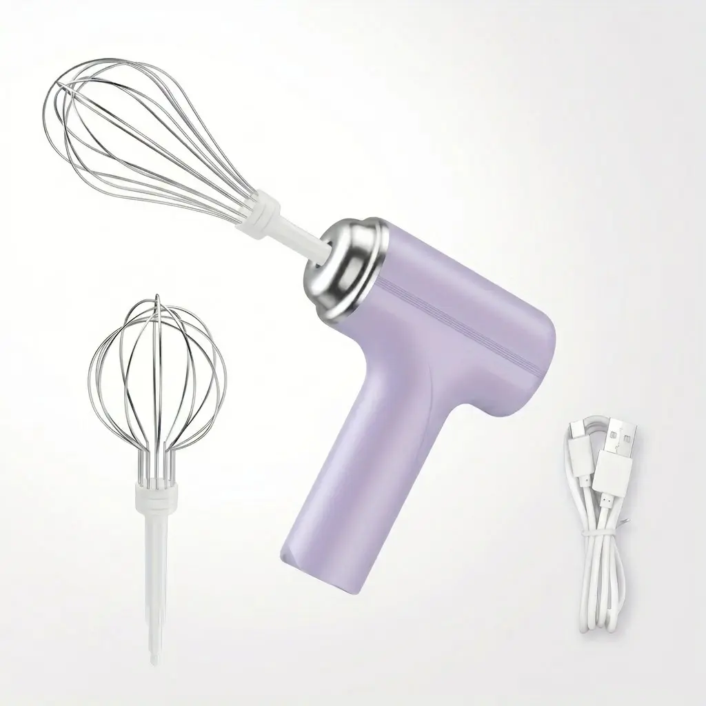 Cordless Battery-Powered Hand Mixer - 3-Speed Control, 3-Levels Compact Size, Multi-Attachment Electric Whisk with 2 Detachable Stirring Whisks, Purple Wide-in-Utility Kitchen Appliance for Whipped Cream, Fine Blending