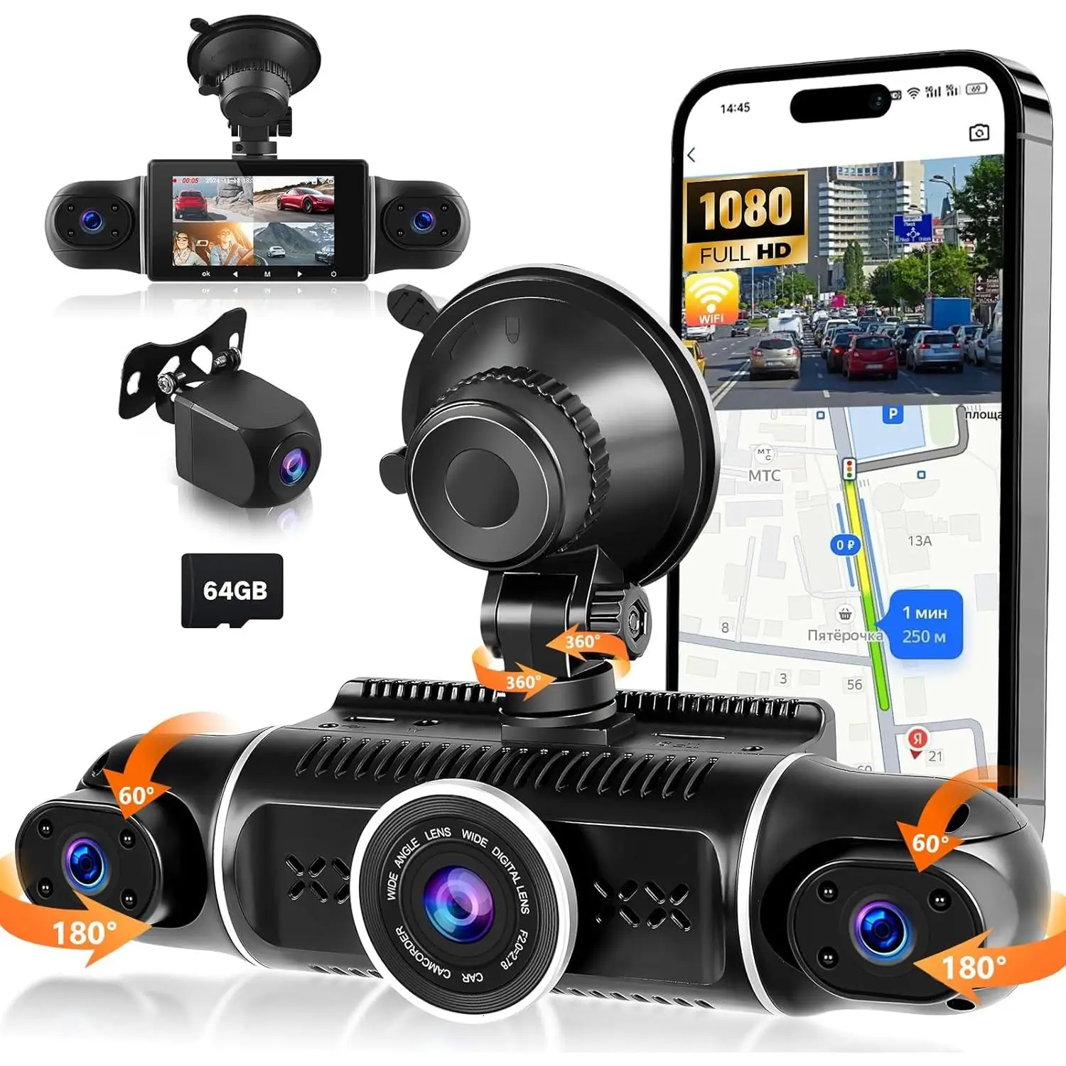 WiFi 360° Dash Cam Front and Rear Inside,4 Channel 3" IPS Touchscreen Dash Cam Front and Rear Inside Left Right,4 * 1080P Dash Camera with 8 IR Night