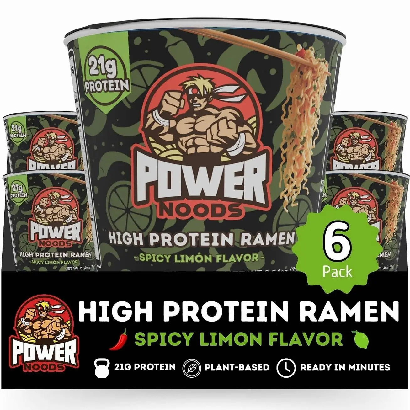 Power Noods High Protein Ramen Noodles - 6 or 12 Pack | Protein Ramen Cups for Lunch or Dinner | Better for You Plant-Based Instant Meal | Spicy Limon