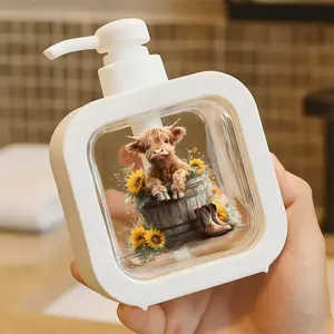 Charming Pump Dispenser with Sunshine and Highland Cow Design - Refillable Soap & Cleaning Liquid Container for Kitchen and Bathroom - Durable Plastic, Whimsical Rustic Decor
