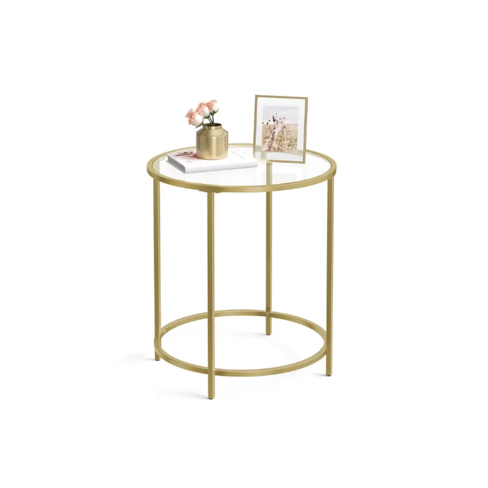 VASAGLE Round Side Table, Glass End Table with Metal Frame, Gold Coffee Table with Modern Style, for Living Room, Balcony, Bedroom