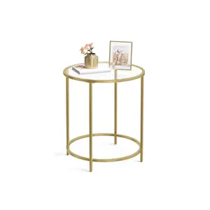 VASAGLE Round Side Table, Glass End Table with Metal Frame, Gold Coffee Table with Modern Style, for Living Room, Balcony, Bedroom