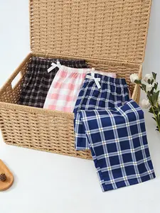 Women's 3 Pack Long Sleep Pants, Spring & Summer Wearable, Plaid Print with Bow Decor, BFF Matching Style, Casual Cozy Home Loungewear