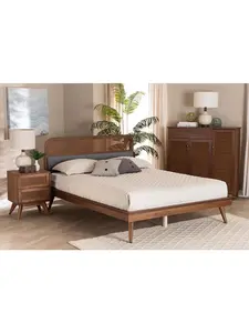 Baxton Studio Irina Upholstered Platform Bed - Mid-Century Modern, King Size, Grey Fabric, Ash Walnut Finished Wood