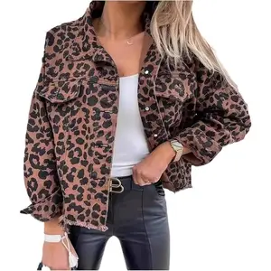 Women's Leopard Print Lapel Denim Jacket Slim Frayed Hem Button-Up Long Sleeves Trendy Casual Spring Fall Winter Coats with Chest Pockets