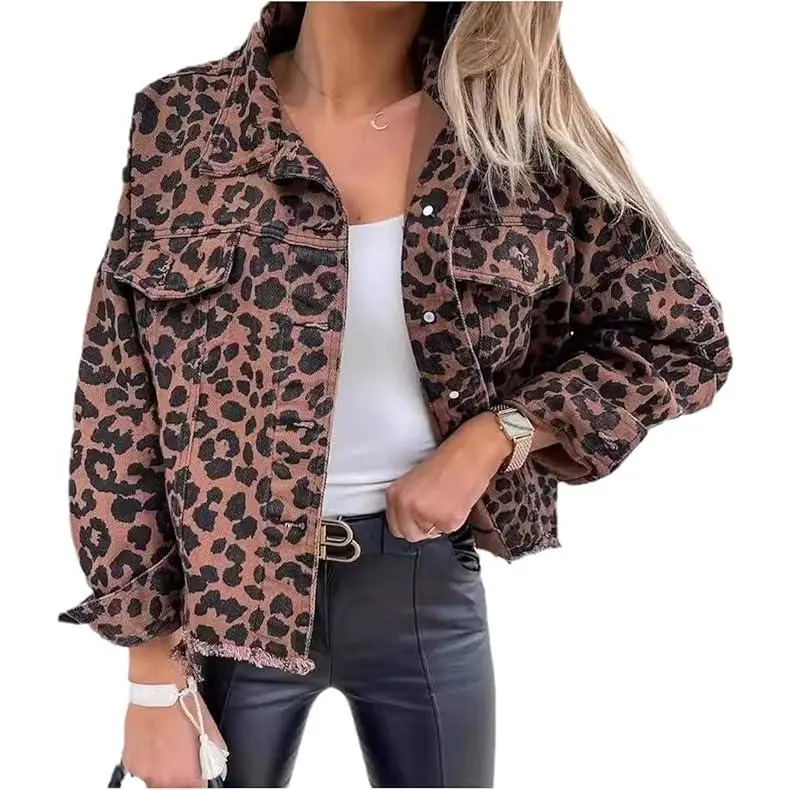 Women's Leopard Print Denim Jacket, a Streetwear Crop Top with Frayed Hem & Lapel Collar - Cool Girl Style Outerwear with Bold Design Features, Coats