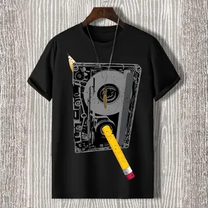Men's Cassette Tape And Pencil Retro Art Print Cotton Casual T-Shirt