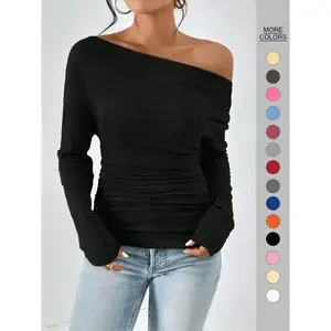Women's Plain Minimalist Basic Ruched Asymmetrical Neck Drop Shoulder Tee, Elegance Mufti Clothes, Fall Long Sleeve T-shirt for Everyday, Back To School T Shirts, Lady Clothes for Streetwear, Womenswear, Casual Wear