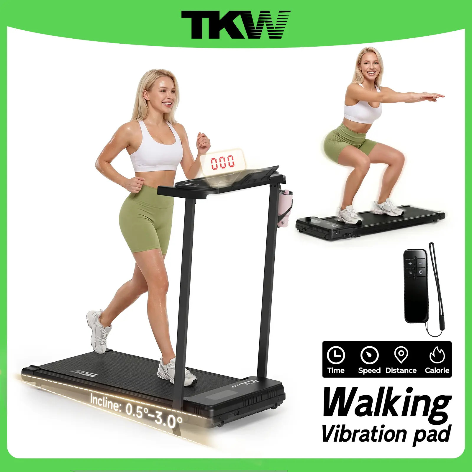 TKW 3-in-1  Easy Storage Walking Vibration Pad P1,Vibration,Vibrating Plate, Remote Control Lightweight Under Desk Treadmills For Home & Office,Servo Motor Technology, 3 in 1 Portable Walking Pad Treadmill,Adjustable Incline,