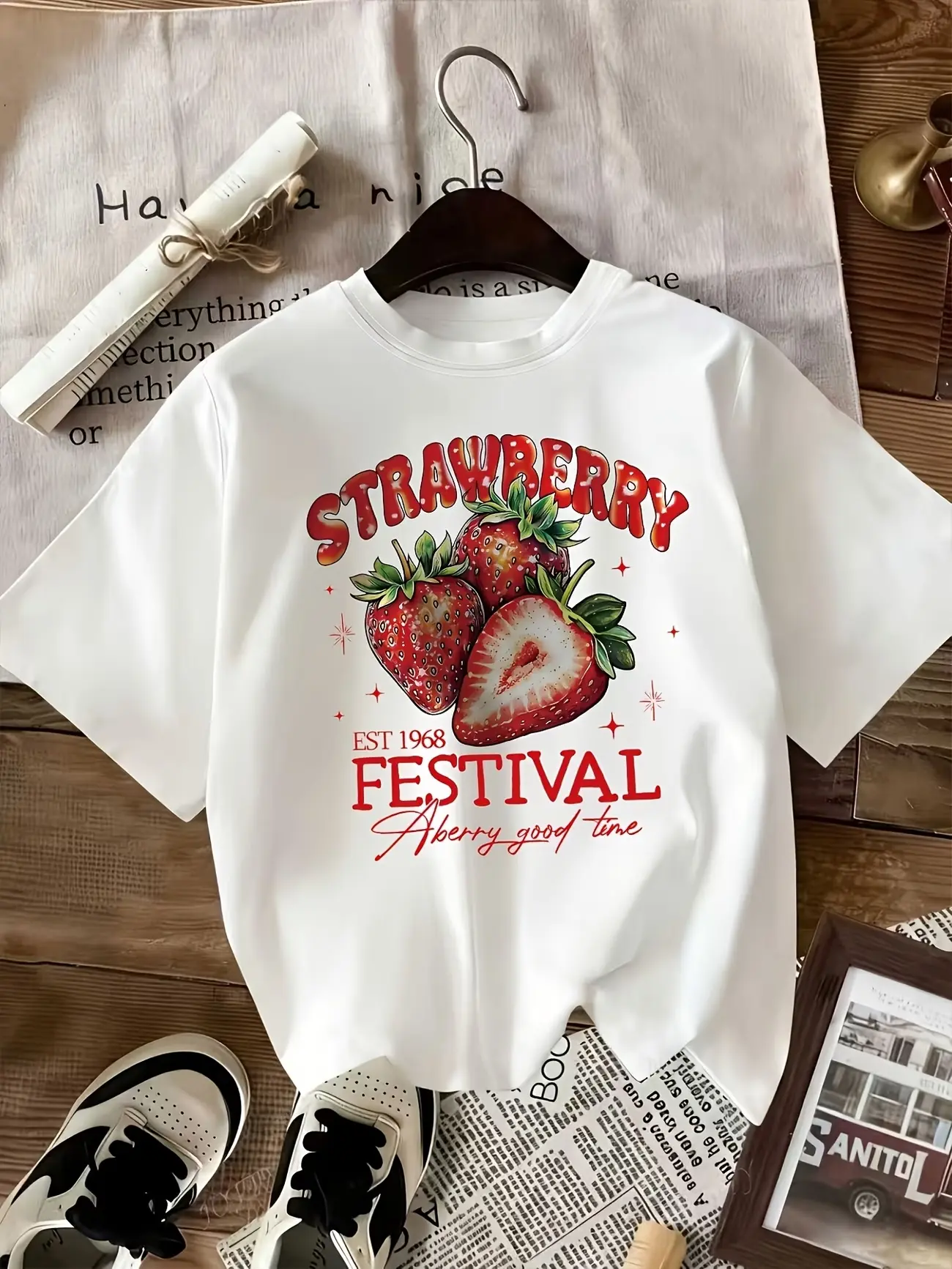 Women's Comfortable Delicate Directional Strawberry Print Round Neck Shortsleeve Tee - Everyday Fabric, Casual Spring Summer Top