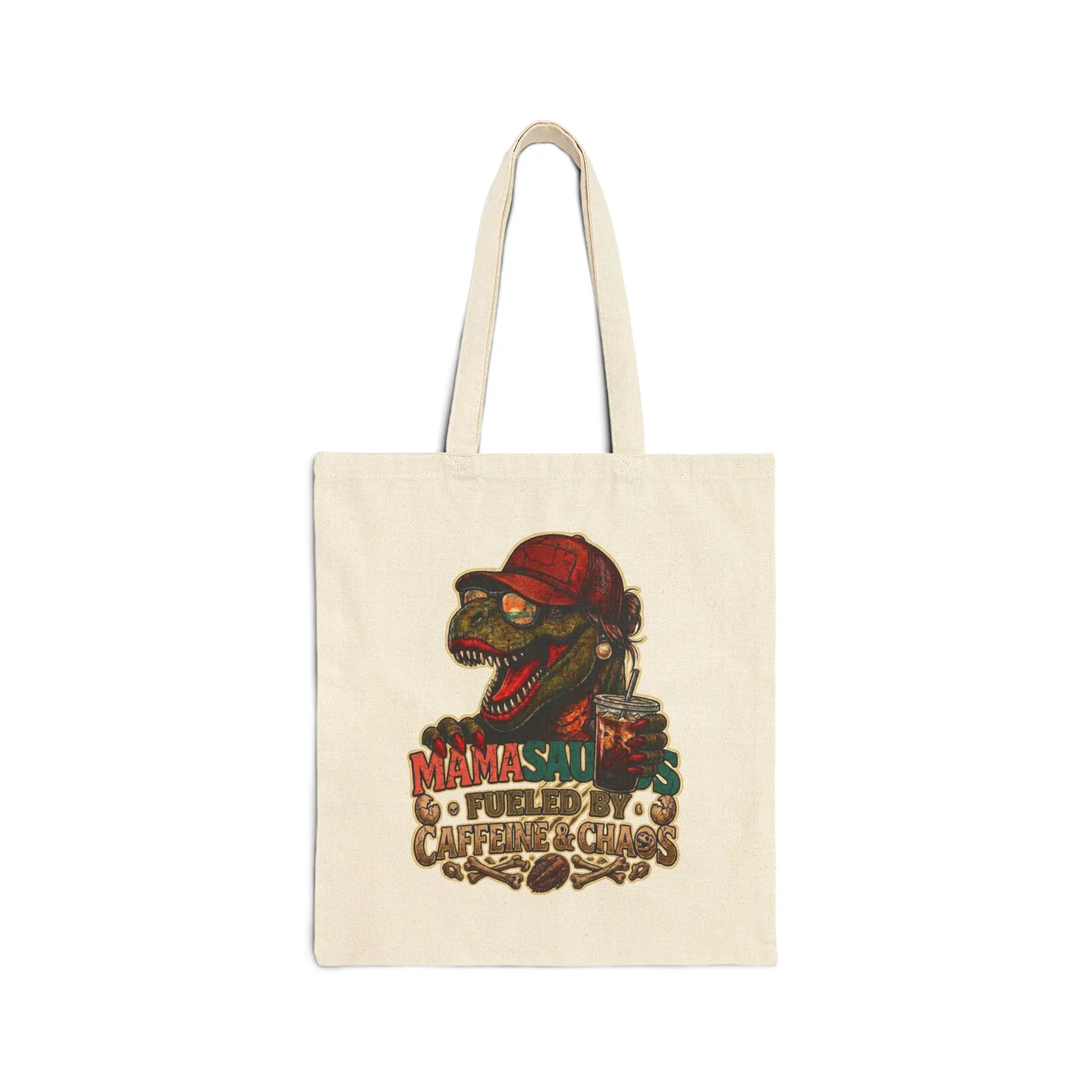 Tote Bag — 'Mamasaurus Fueled By Caffeine & Chaos' - Vintage Dino Canvas Grocery Tote