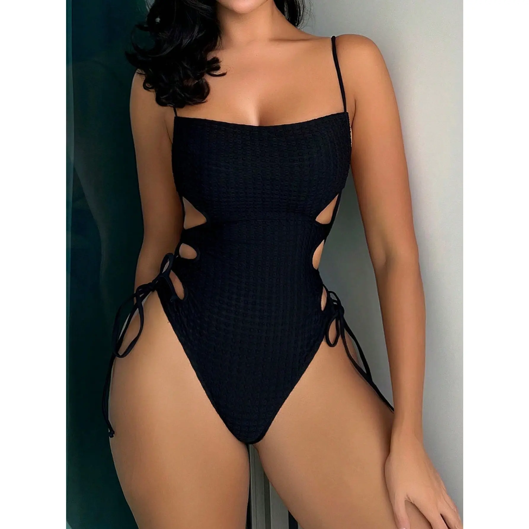 Swim Basics Summer Beach Cut Out Drawstring Side Cami One Piece Swimsuit SHEIN