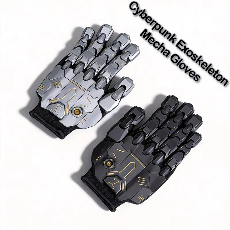 Black & Grey Cyberpunk Mechanical Hand Gloves - 3D Printed Sci-Fi Armor Shell, Breathable Elastic Nylon Techwear, 1-Size Stretch Fit Cosplay Accessory for Action & Toy Figure Enthusiasts, Black Gloves, One Size