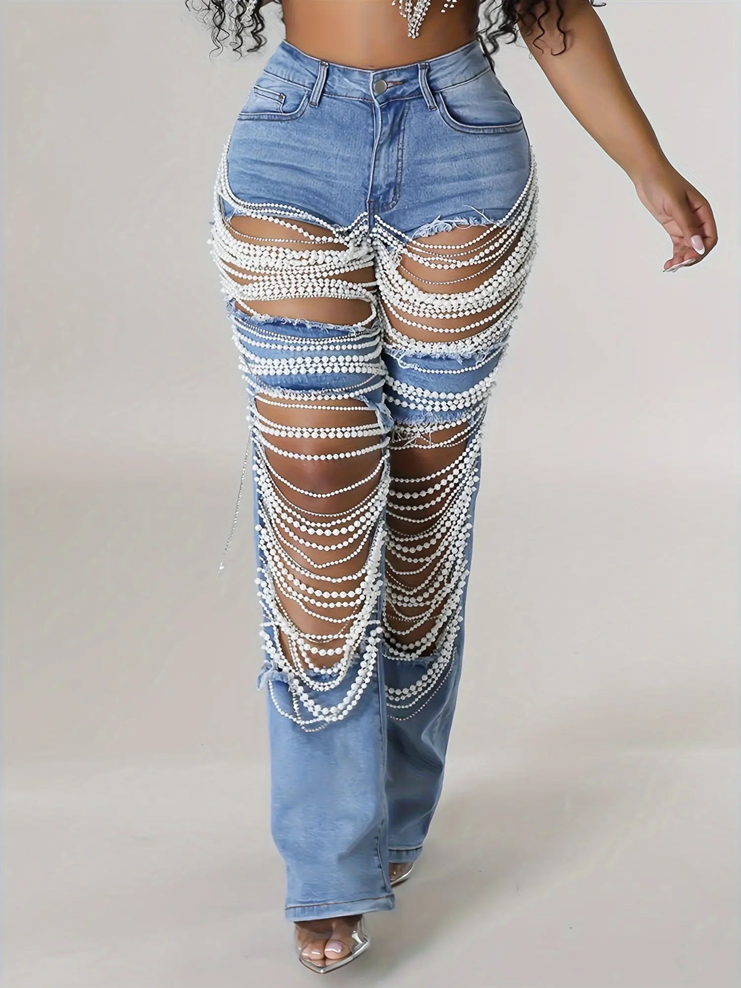 Women's sexy ripped jeans high waisted rhinestone pearl chain distressed loose jeans party club clothing denim pants - TikTok Shop Women's sexy ripped jeans high waisted rhinestone pearl chain distressed loose jeans party club clothing denim pants - TikTok Shop