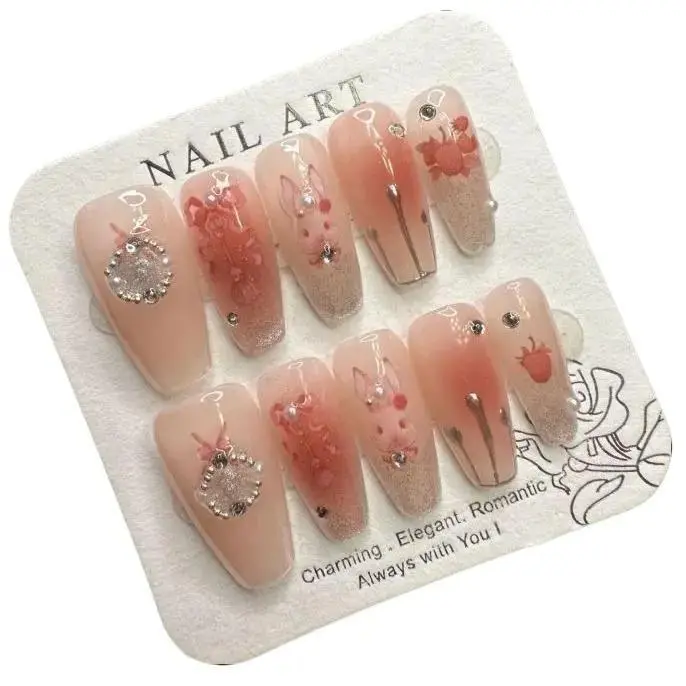 Handcrafted Press-On Nails, Reusable & Removable Medium Square False Tips with Rococo Bunny Strawberry Cat Eye Design, Manicure Set for Women, Nail Art Kits