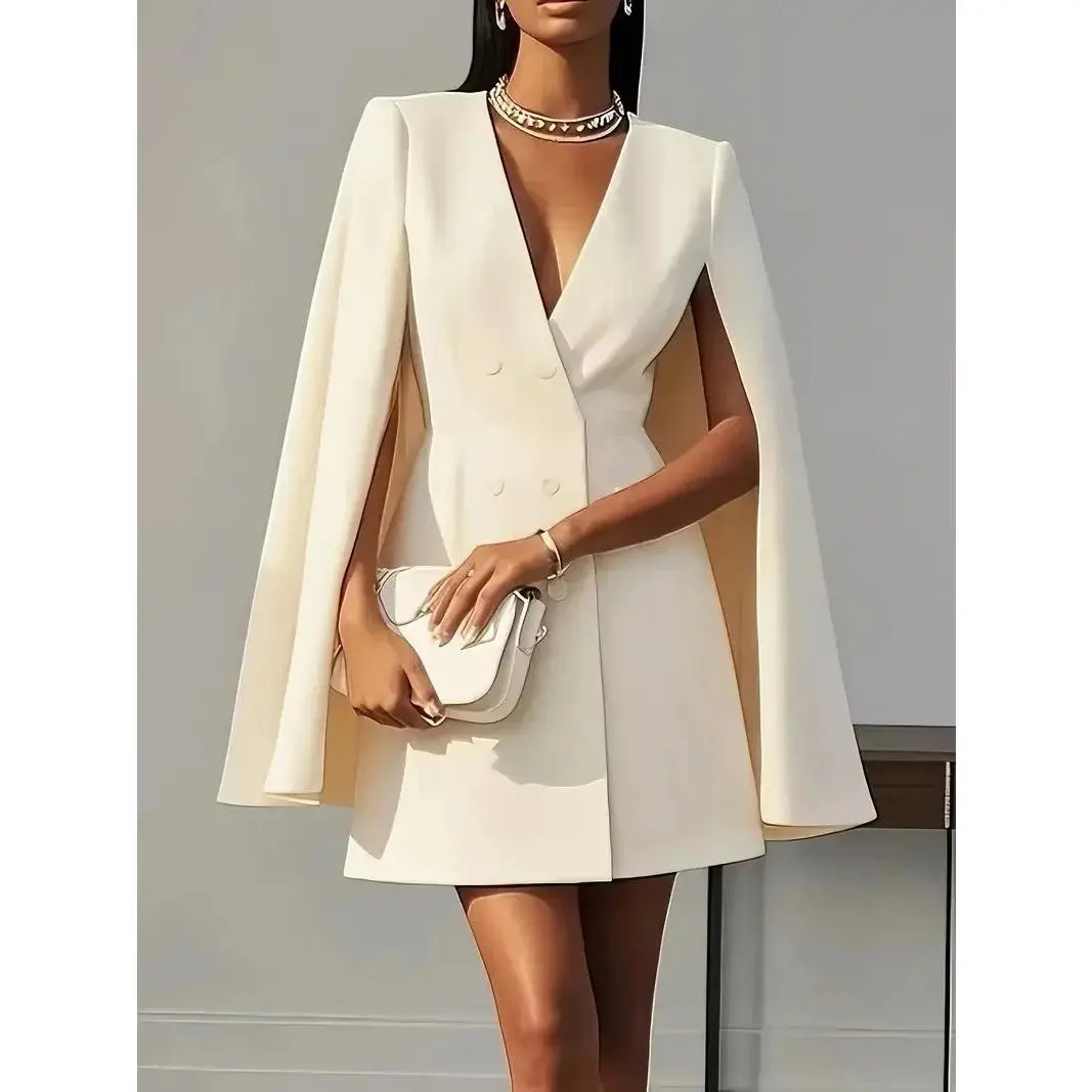 Women’s Elegant Blazer Midi Dress – Double Breasted V-Neck Cape Sleeve Office & Party Style