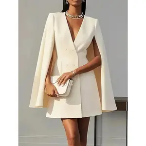 Women’s Elegant Blazer Midi Dress – Double Breasted V-Neck Cape Sleeve Office & Party Style