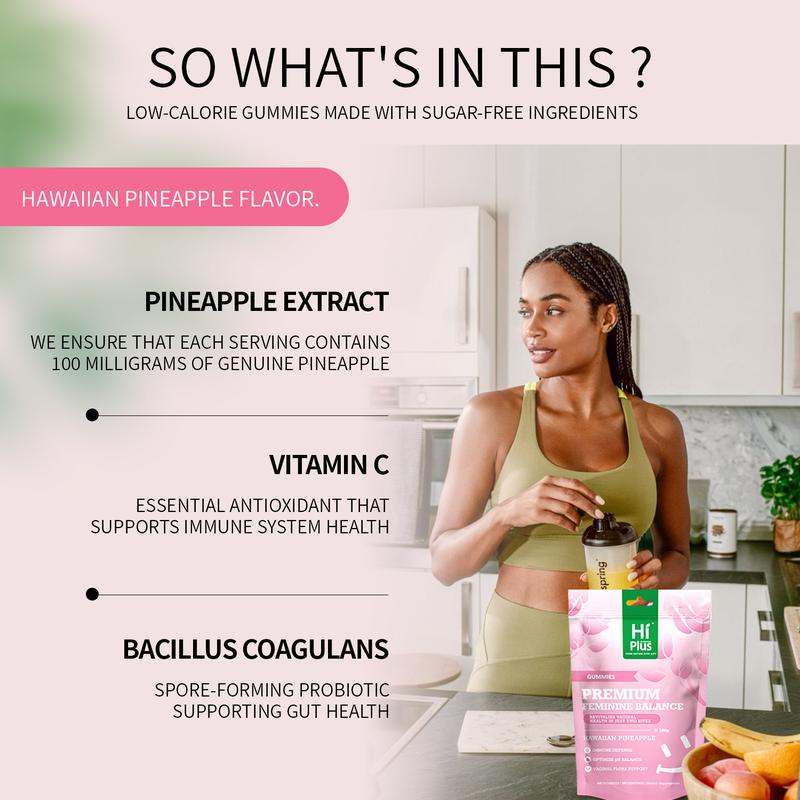HiPlus Premium Feminine Balance Gummies for Women's Health & Wellness Immune Support Vegan Gluten-Free Hawaiian Pineapple Flavor 60 Gummies 30 Servings acne safe supplements clear skin hormone balance Liposomal NAD Energy Supplement Bundle