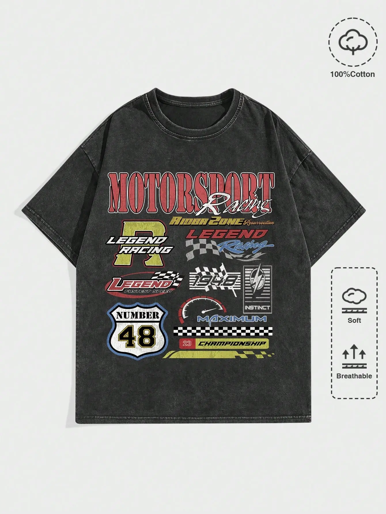 Vintage Motorsport Legend Racing T‑Shirt, Number 48 Checkered Flag Washed Black Cotton Oversized Short Sleeve Tee, Retro Race Car Graphic Casual Crewneck Shirt