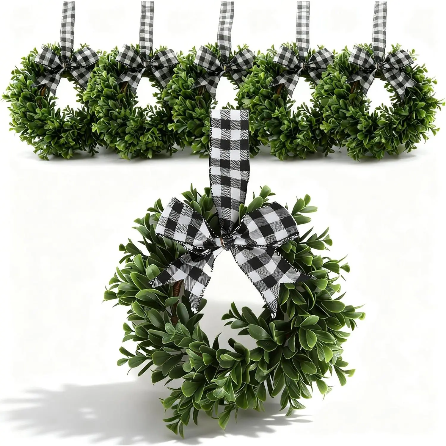 6-Piece Plastic Rattan Mini Wreath Set, 9 in Artificial Boxwood Wreaths with Buffalo Plaid Bows, Farmhouse Ornaments for Kitchen Cabinets, Covered Outdoor Window Decor, UV-Protected Realistic Greenery, Decoration