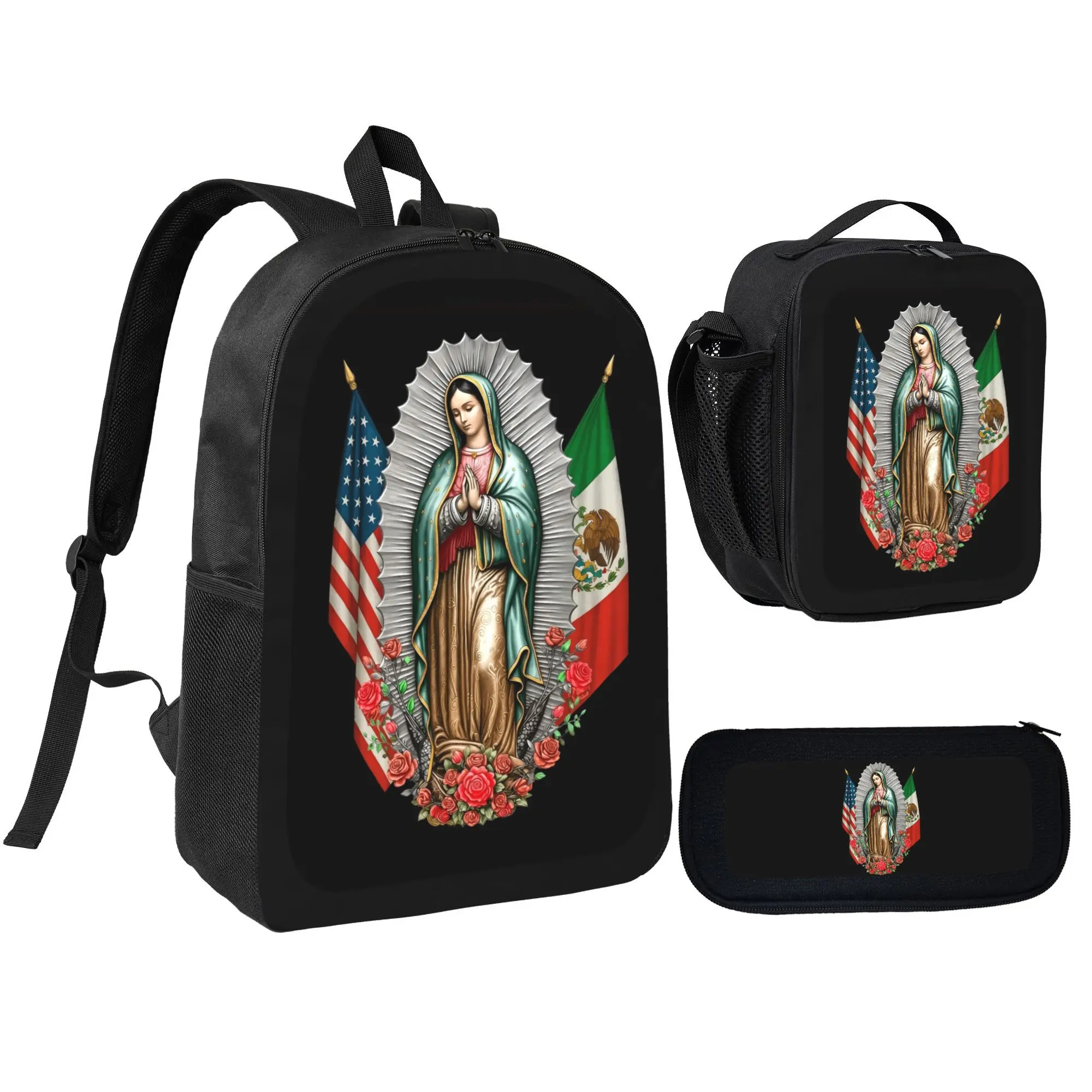 Our Lady of Guadalupe Themed Backpack Set - Three-piece set: student backpack, pencil case, lunch bag, decorated with flag and rose patterns.