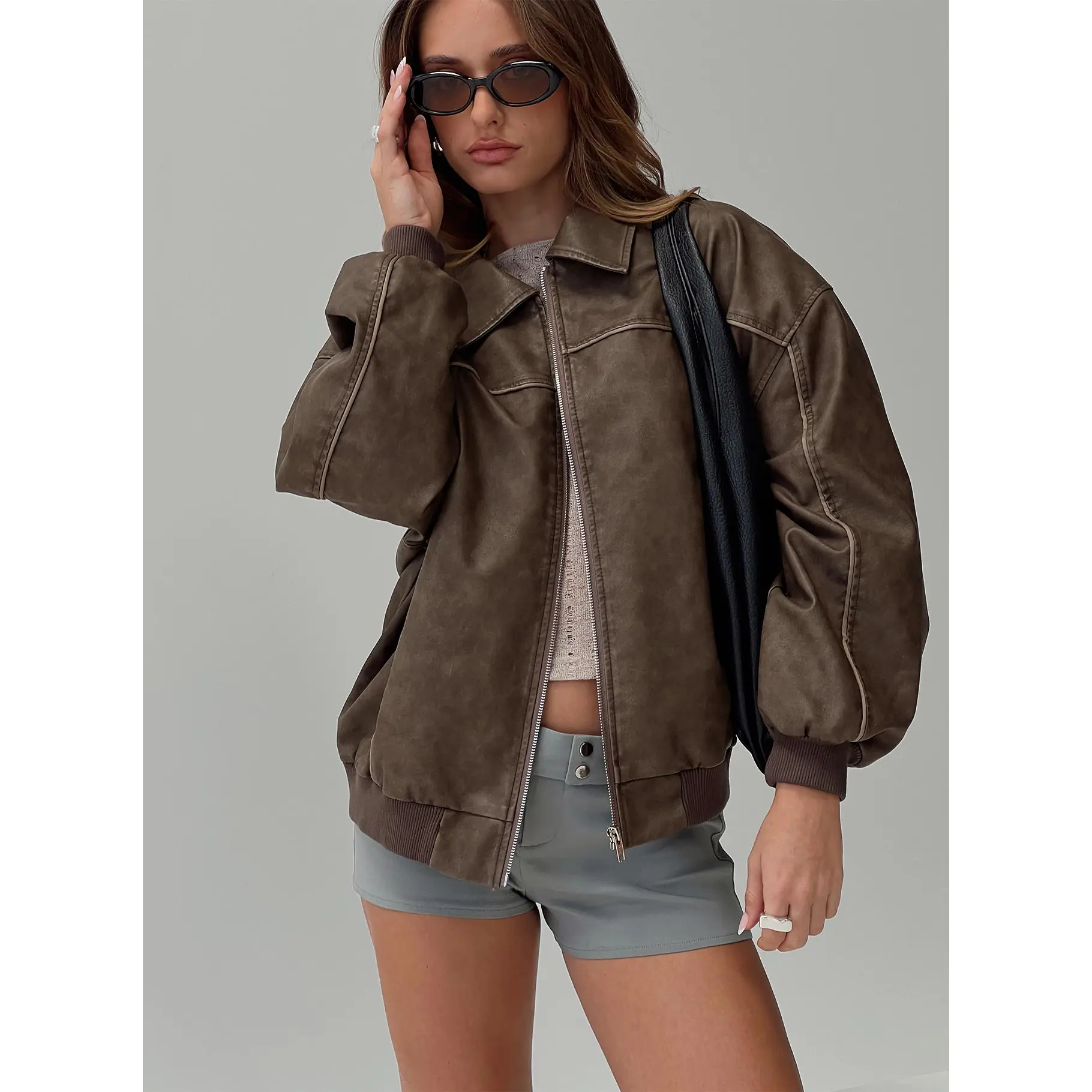 Goldsmith Faux Leather Bomber Jacket Washed Dark Brown - TikTok Shop