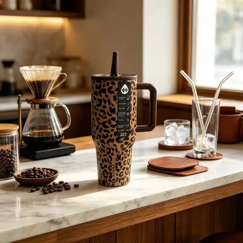 HydroJug 40oz Stylish Leopard Printed Insulated Stainless Steel Travel Tumbler with Handle, Portable Aesthetic Water Cup, Ideal Gift for Leopard Print Lovers Kitchenware Vacuum Flask