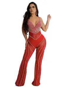 Red Rhinestone Mesh Jumpsuit - V-Neck Slim-Fitting Glamourous Spandex Cotton Blend with Rhinestone Embellishments for Fall Spring Summer