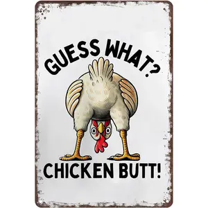 Funny Chicken House Wall Art Decor Poster Print - 'Guess What? Chicken Butt!' -Rustic Chicken Coop Metal Aluminum Sign 8x12inch