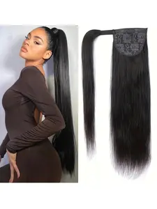 Human Hair Ponytail Magic Paste Ponytail Extension Long Wrap Around Ponytail Natural Black Real Hair Ponytail Extension for Women(16-22inch,Natural Black) Hair Weave Extensions