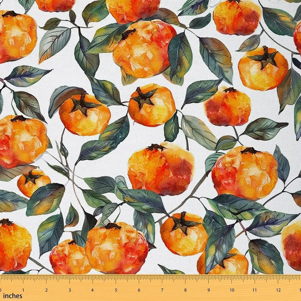 Persimmon Print Fabric Oil Painting Fruits Rustic Style Decor Fabric Soft Flannel Polyester No Stretch Leaves Plant Autumn Theme Outdoor Soft Flannel Polyester No Stretch Fabric