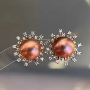 Natural freshwater purple pearl 11-12mm sunflower stud earrings