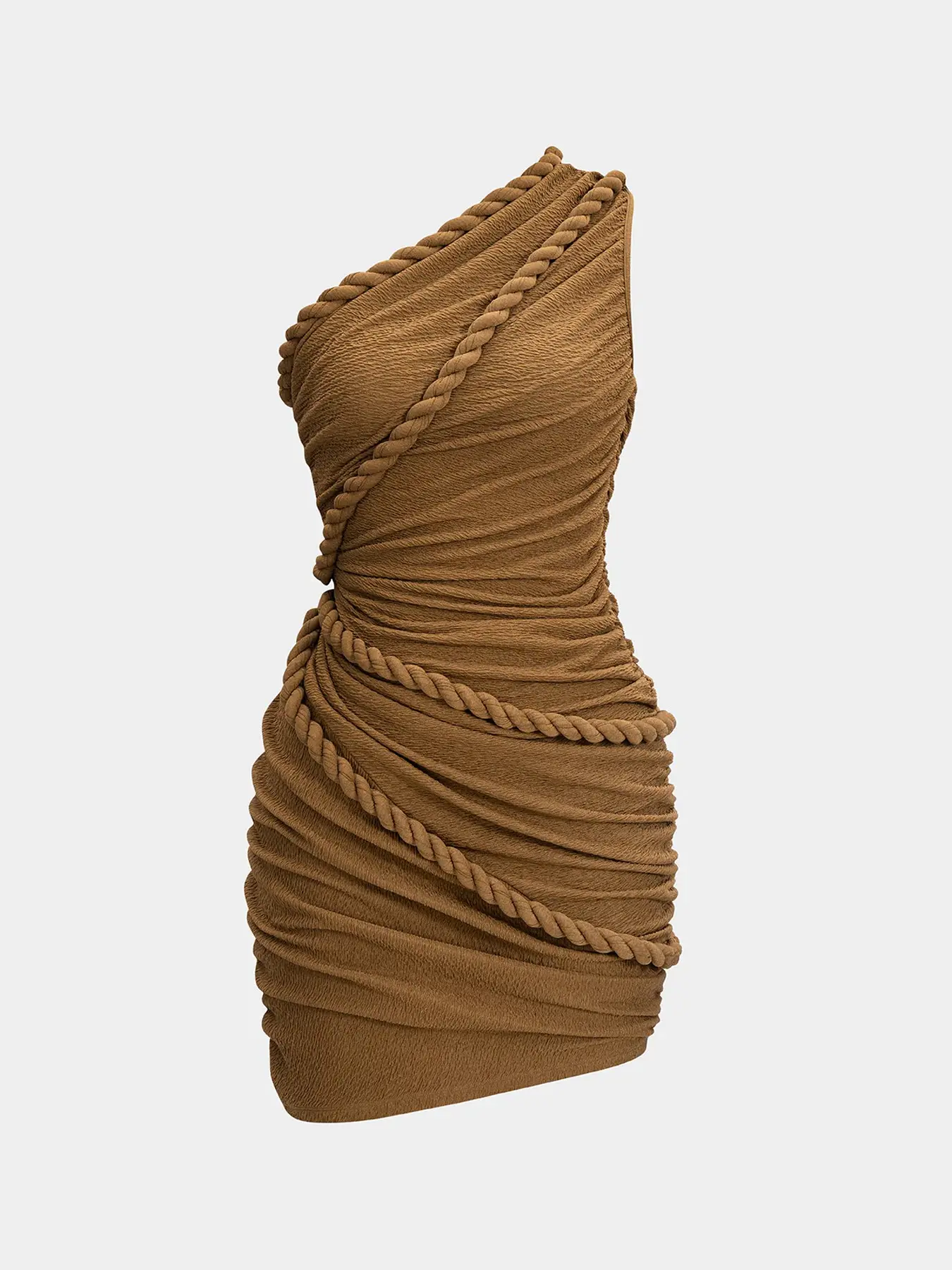 Women's One-Shoulder Rope Accent Slim Fit Bodycon Dress, Pleated Ruched Asymmetrical Mini Dress, Casual Plain Surface, Unlined, 88.2 G/m² Weight