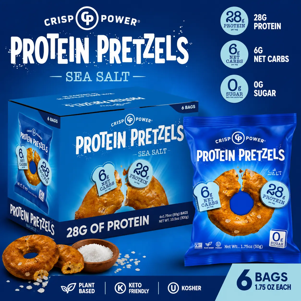 Crisp Power Protein Pretzels Sea Salt Flavor 1.75 oz 6 Count High Protein Crunchy Pretzel Snacks
